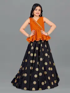 FASHION DREAM Girls Orange & Black Embellished Printed Ready to Wear Lehenga Choli Set