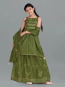 FASHION DREAM Girls Green & Gold-Toned Printed Lehenga Choli With Dupatta