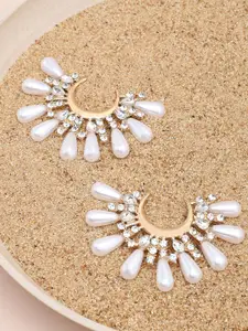SOHI Gold-Toned & White Crescent Shaped Studs Earrings