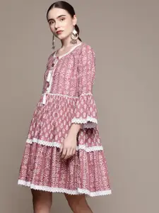 Ishin Mauve & White Floral Tie-Up Neck Ethnic Cotton A-Line Dress