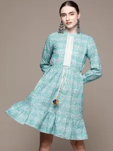 Ishin Turquoise Blue Floral Embroidered Ethnic Cotton A-Line Dress