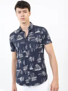 HIGHLANDER Men Navy Blue Slim Fit Floral Printed Casual Shirt