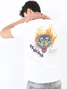 HIGHLANDER Men White & Blue Printed Slim Fit Cotton T-shirt