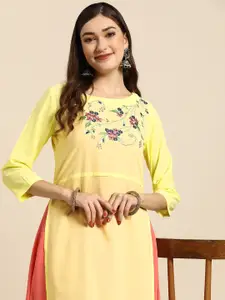Sangria Yellow & Coral Orange Ethnic Motifs Embroidered Kurta