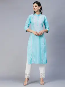 INDYES Women Blue & White Floral Embroidered Thread Work Kurta