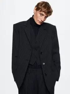 MANGO Women Black Striped Notched Lapel Single Breasted Oversized Suit Blazer