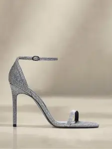 MANGO Women Silver-Toned Solid Shimmery Stiletto Heels