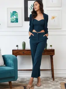 Athena Women Teal-Blue Solid Three Piece Blazer Co-Ord set