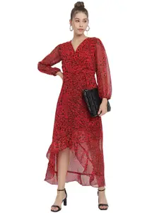 Trend Arrest Women Red & Black Animal Georgette Midi Dress