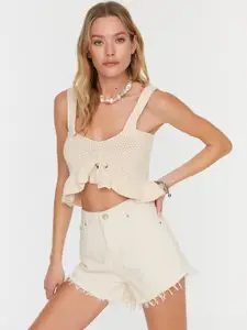 Trendyol Women Beige Solid Pure Cotton Denim Short