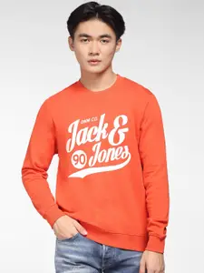 Jack & Jones Men Orange Typography Printed jjor detroit sweat crew neck Cotton Sweatshirt