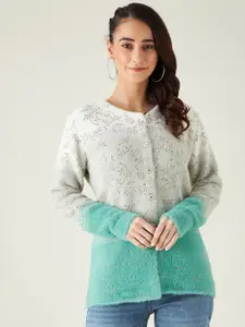 Modeve Women Off White & Sea Green Front-Open Sweater