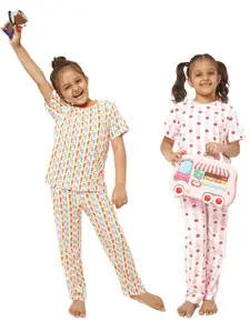 frangipani Girls Pack of 2 White & Pink Printed Pure Cotton Night suit