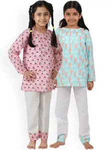 frangipani Girls Pink & Blue Printed Pure Cotton Night suit