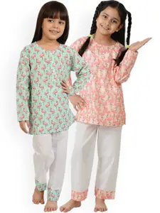 frangipani Girls Pack of 2 Green & Pink Printed Pure Cotton Night suit