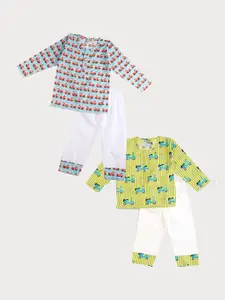 frangipani Girls Pack Of 2 Blue & Green Printed Pure Cotton Night suit