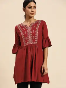 all about you Red Embroidered Longline A-Line Top