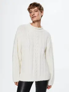 MANGO Women White Cable Knit Pullover