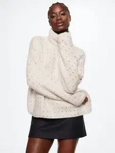 MANGO Women Off White Oversized Sweater with Crystal Embellished Detail