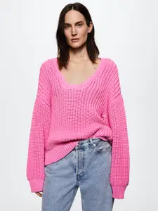 MANGO Women Pink Self Design Open Knit Sustainable Pullover