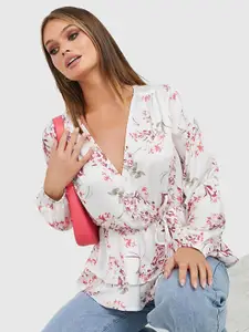 Styli Women Long Sleeves V Neck Satin Floral Print Regular Fit Wrap Top