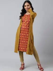 AURELIA Women Mustard Yellow & Red Printed Acrylic Straight Kurta