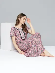 HERE&NOW Pink & Green Floral Printed Lace Inserts Maxi Nightdress