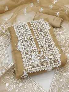 KALINI Beige & White Embroidered Organza Unstitched Dress Material