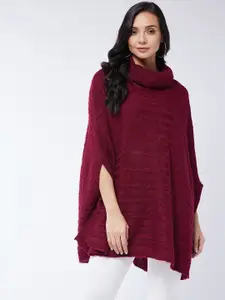 Modeve Women Maroon Woolen Cable Knit Poncho with Fuzzy Detail