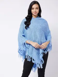 Modeve Women Blue Cable Knit Poncho with Fuzzy Detail