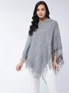 Modeve Women Grey Poncho with Fuzzy Detail  Sweaters