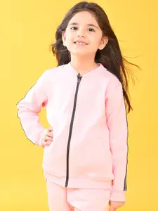 Anthrilo Girls Pink Solid Fleece Front-Open Sweatshirt