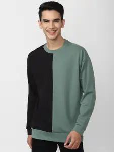 FOREVER 21 Men Black & Sea Green Colourblocked Sweatshirt