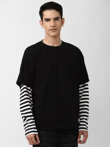 FOREVER 21 Men Black Striped Cotton T-shirt