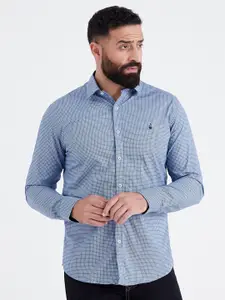 MR BUTTON Men Blue Slim Fit Micro Checks Casual Shirt
