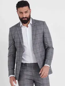 MR BUTTON Men Grey & Black Checked Single-Breasted Formal Slim-Fit Blazers