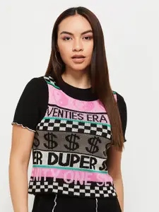 max Women Black & Pink Typography Crop Sweater Vest