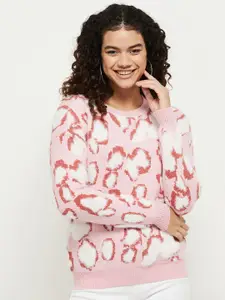 max Women Pink & Off White Printed Pullover Sweater