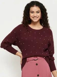 max Women Maroon & White Ribbed Pullover