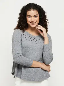 max Women Grey Solid Pullover