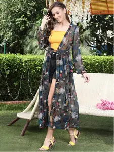 Sera Women Brown & Pink Printed Longline Tropical Tie-Up Shrug