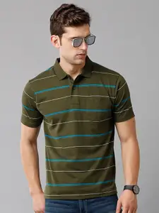 Classic Polo Men Olive Green & Blue Striped Polo Collar T-shirt