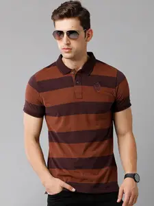 Classic Polo Men Brown Striped Polo Collar Slim Fit T-shirt