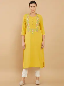 Soch Women Mustard Yellow Floral Embroidered Flared Sleeves Thread Work Crepe Kurta