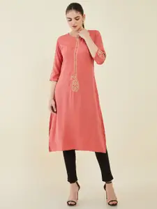 Soch Women Coral & Green Embroidered Crepe Straight Kurta