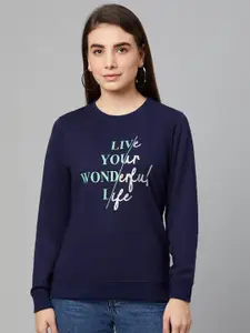 Club York Women Navy Blue Printed Cotton Sweatshirt