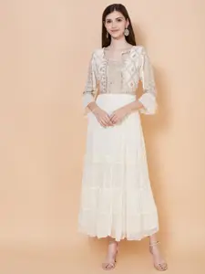 FASHOR Women Cream-Coloured & Peach Ethnic Motifs Georgette Ethnic Maxi Dress