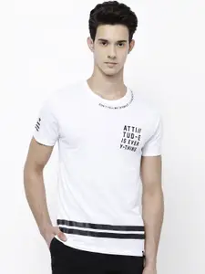 LOCOMOTIVE Men White Printed Round Neck Slim Fit Pure Cotton T-shirt