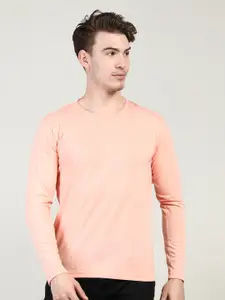 CHKOKKO Men Peach-Coloured Solid Cotton T-shirt