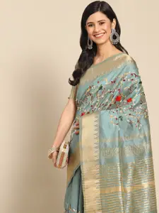 RAJGRANTH Turquoise Blue Floral Embroidered Zari Saree